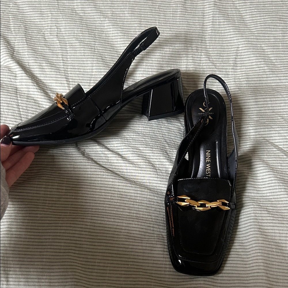 Nine West Black Loafers with Gold Chain